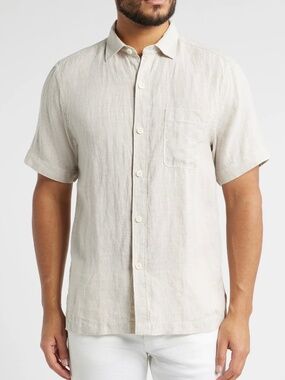 Tasso Elba Men's Short Sleeve Buttons Shirt Cream Size Small 100% Luxury Linen